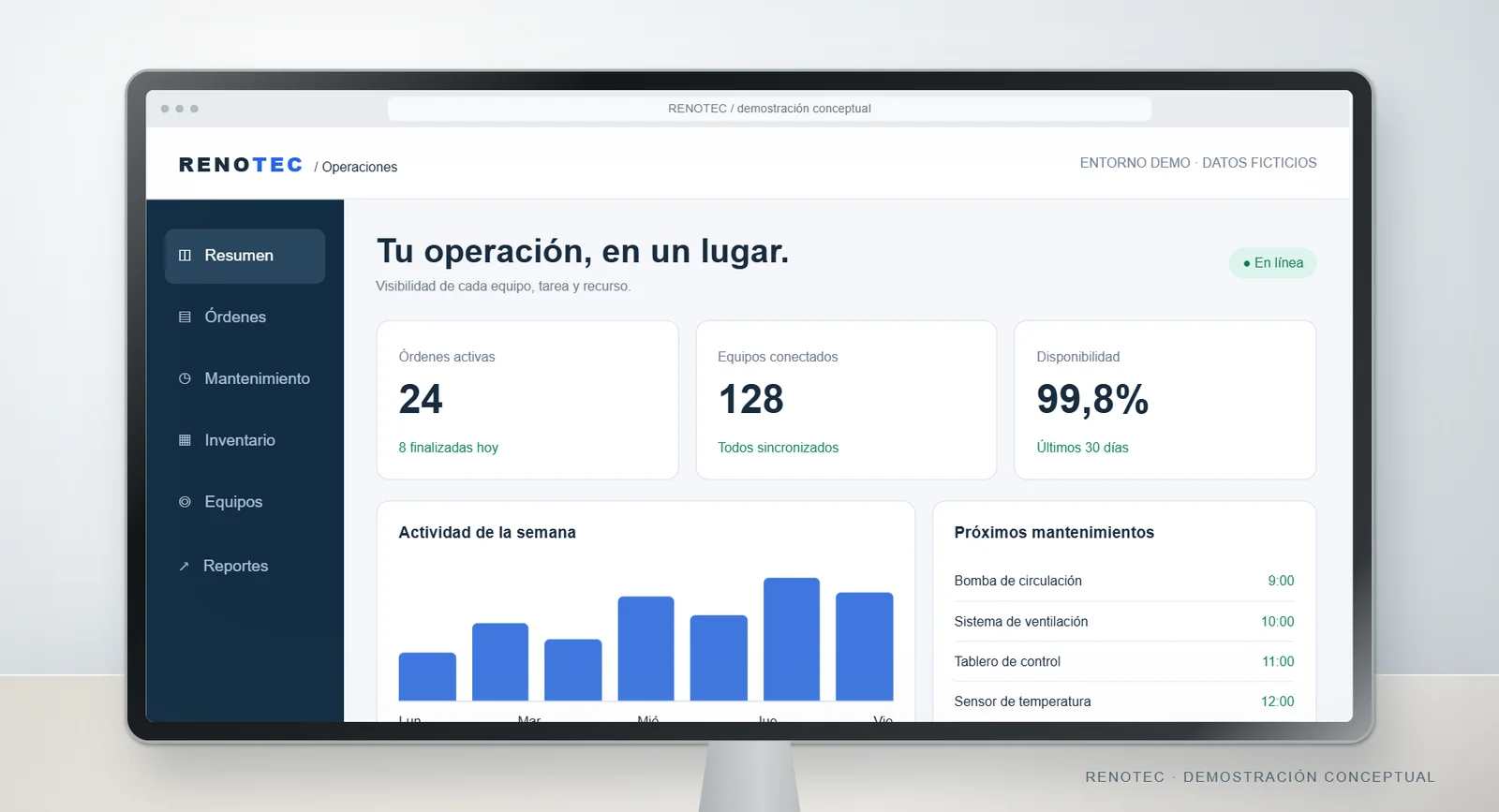 Sistema conceptual de RENOTEC en un monitor: órdenes activas, equipos conectados, disponibilidad y próximos mantenimientos. Datos ficticios.